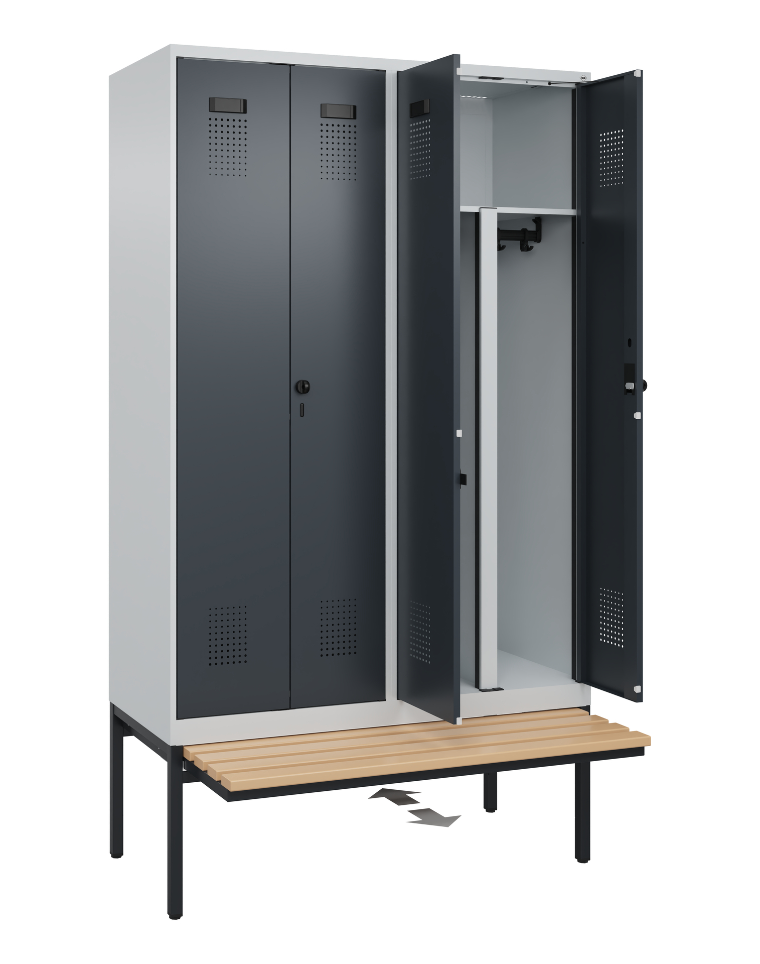 C+P PSA Schwarz-Weiß-Spind Evolo PLUS, Bank, 4 Abteile, 2120x1200x815mm