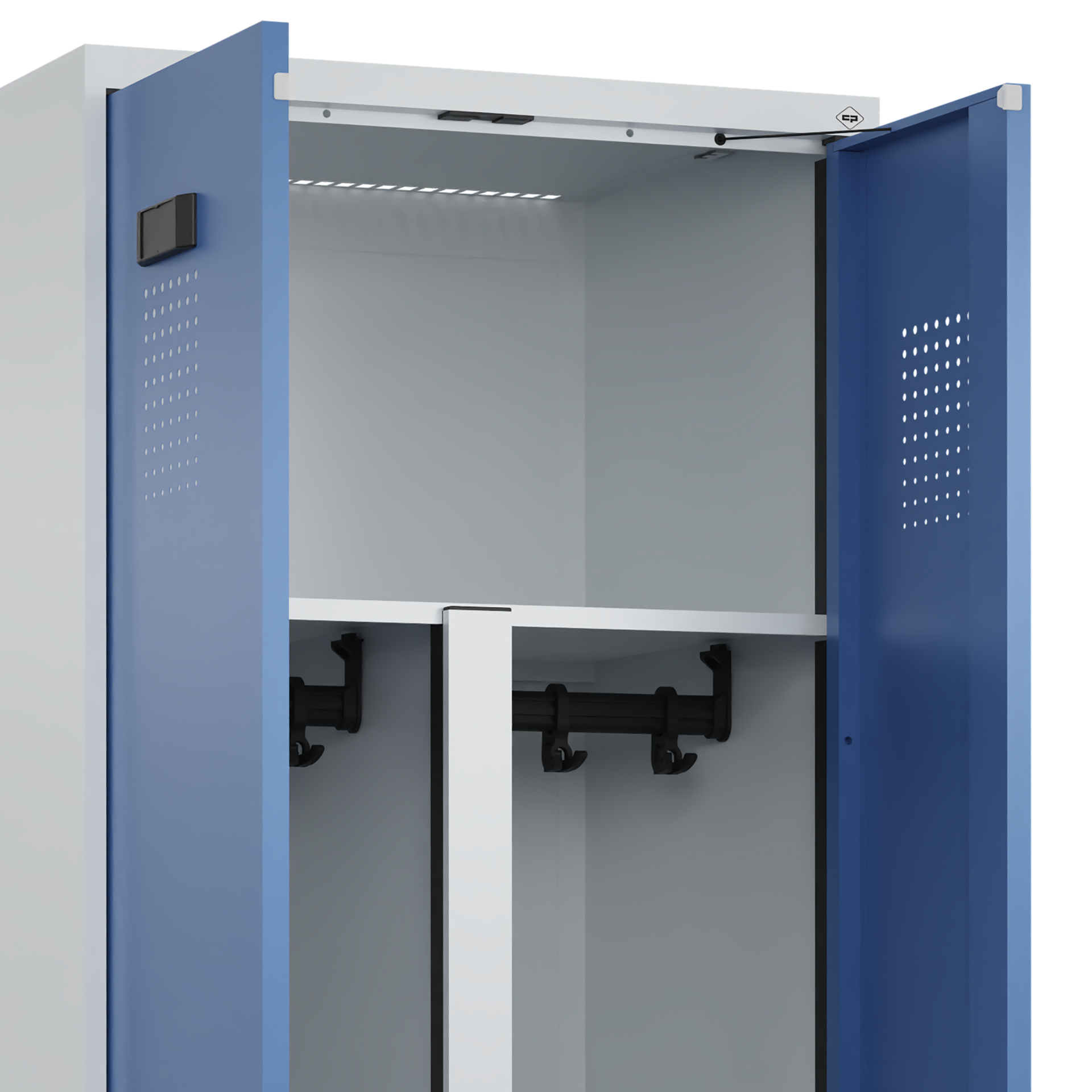 C+P PSA Schwarz-Weiß-Spind Evolo PLUS, Bank, 2 Abteile, 2120x600x815mm
