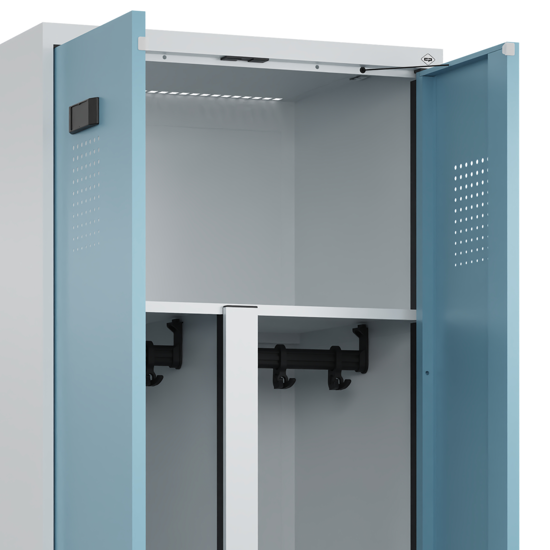 C+P PSA Schwarz-Weiß-Spind Evolo PLUS, Bank, 4 Abteile, 2120x1200x815mm