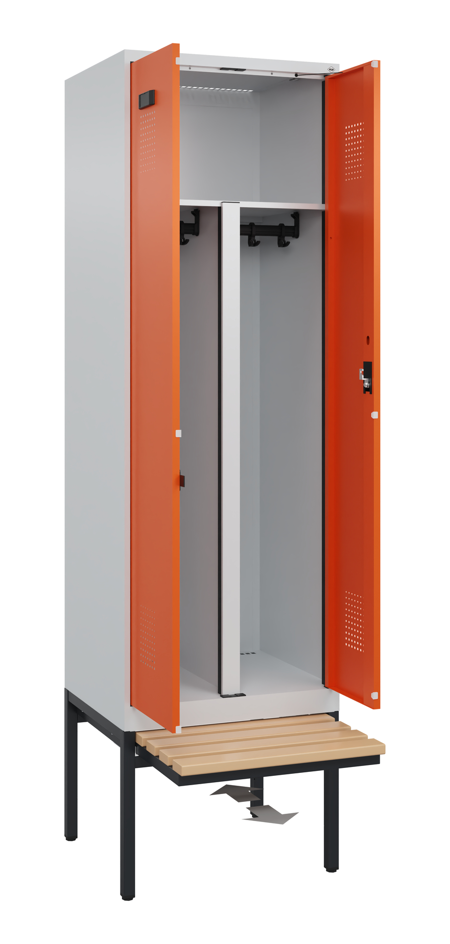 C+P PSA Schwarz-Weiß-Spind Evolo PLUS, Bank, 2 Abteile, 2120x600x815mm