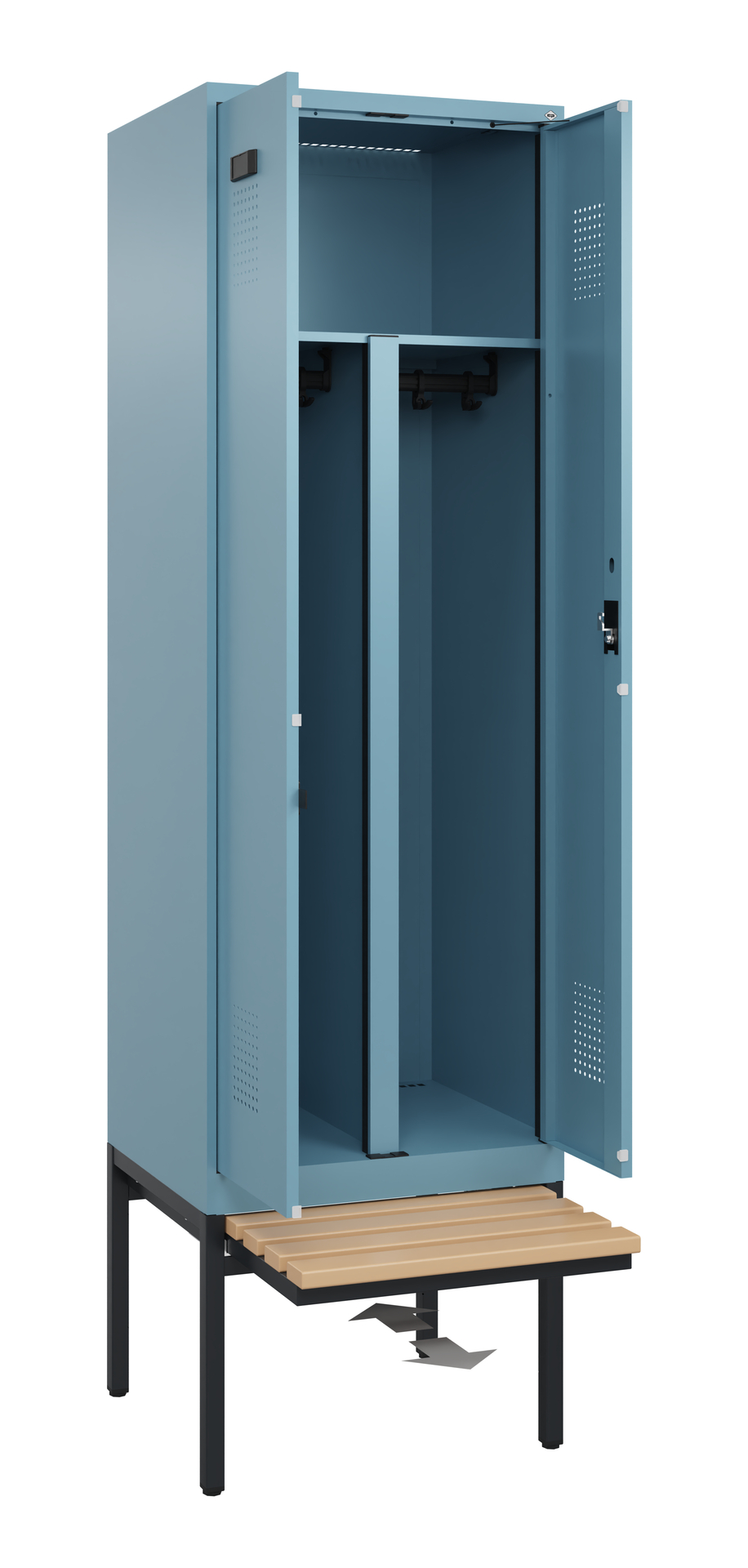 C+P PSA Schwarz-Weiß-Spind Evolo PLUS, Bank, 2 Abteile, 2120x600x815mm