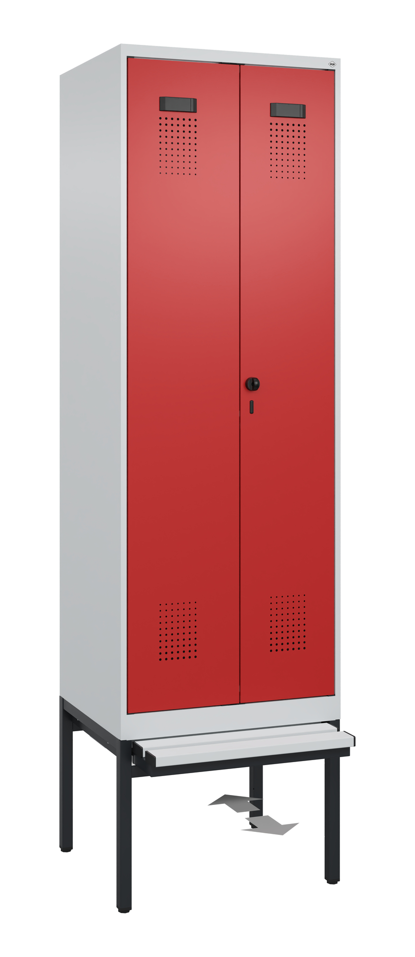C+P PSA Schwarz-Weiß-Spind Evolo PLUS, Bank, 2 Abteile, 2120x600x815mm