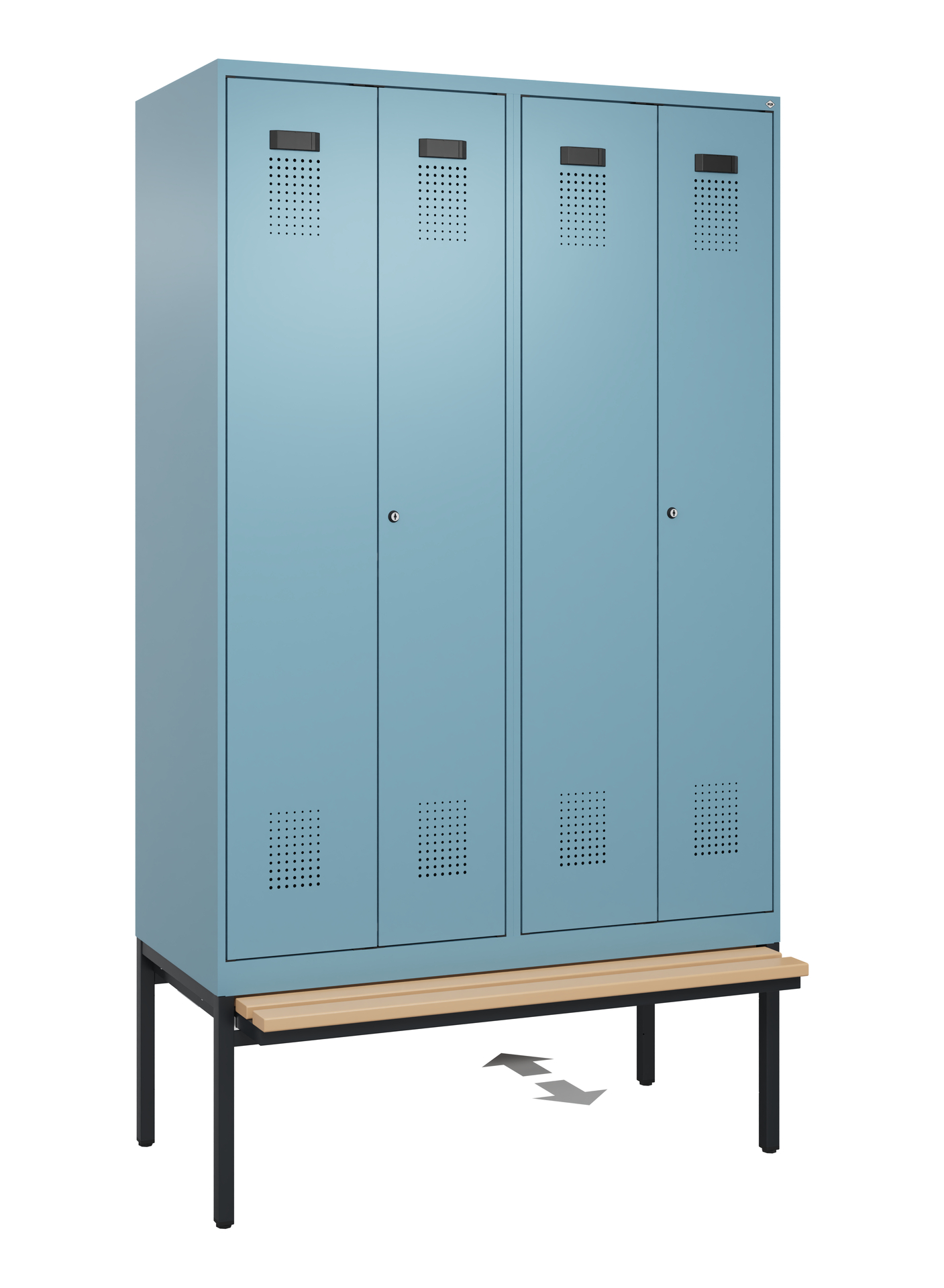 C+P PSA Schwarz-Weiß-Spind Evolo PLUS, Bank, 4 Abteile, 2120x1200x815mm