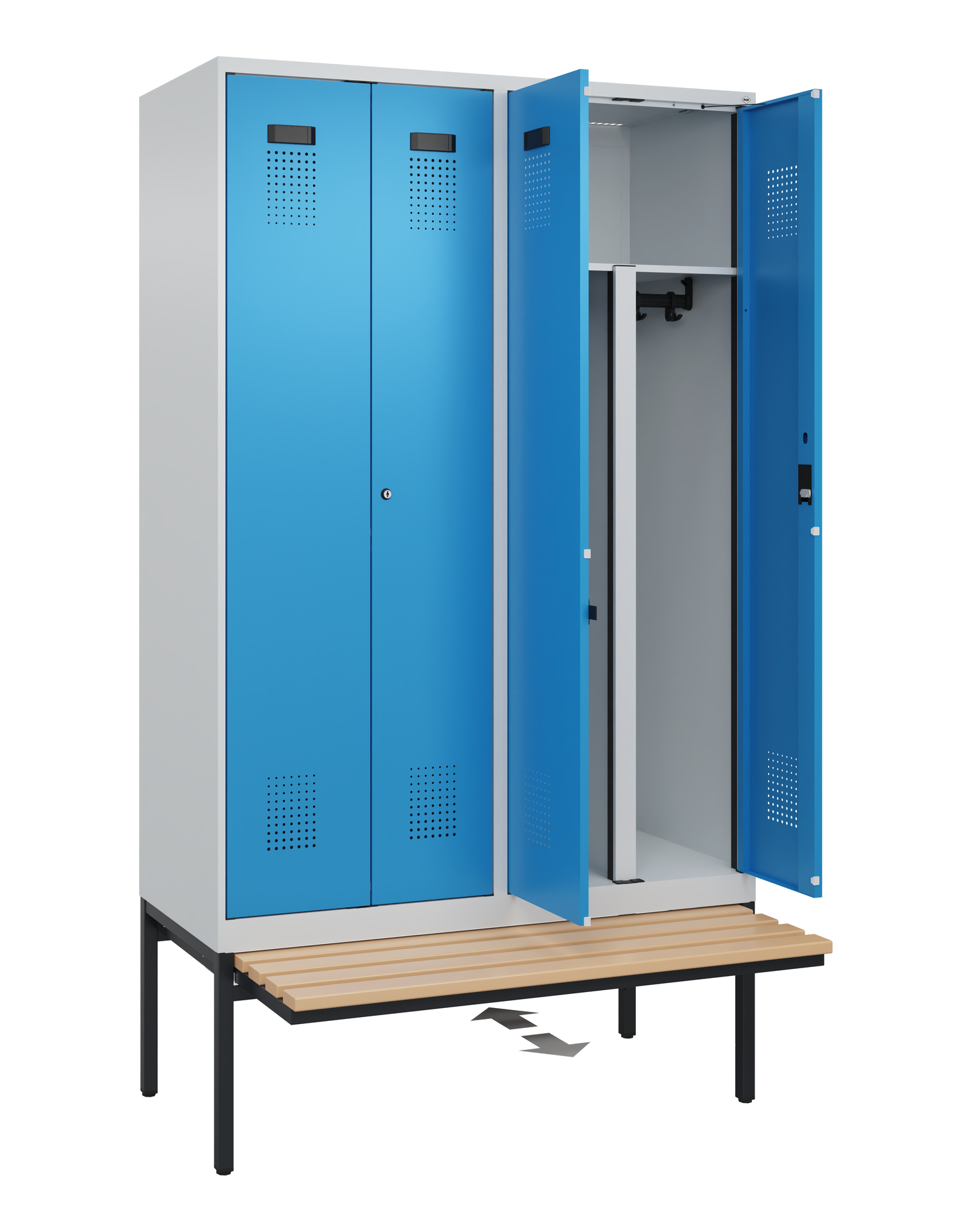C+P PSA Schwarz-Weiß-Spind Evolo PLUS, Bank, 4 Abteile, 2120x1200x815mm
