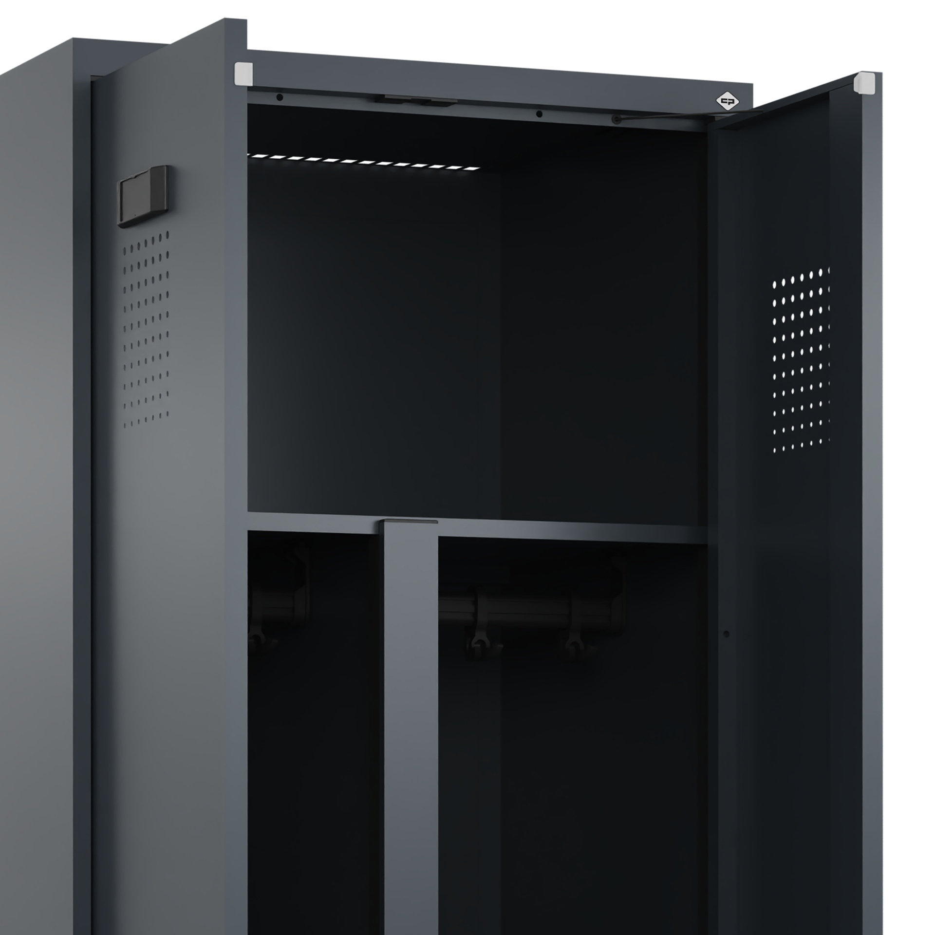 C+P PSA Schwarz-Weiß-Spind Evolo PLUS, Bank, 4 Abteile, 2120x1200x815mm