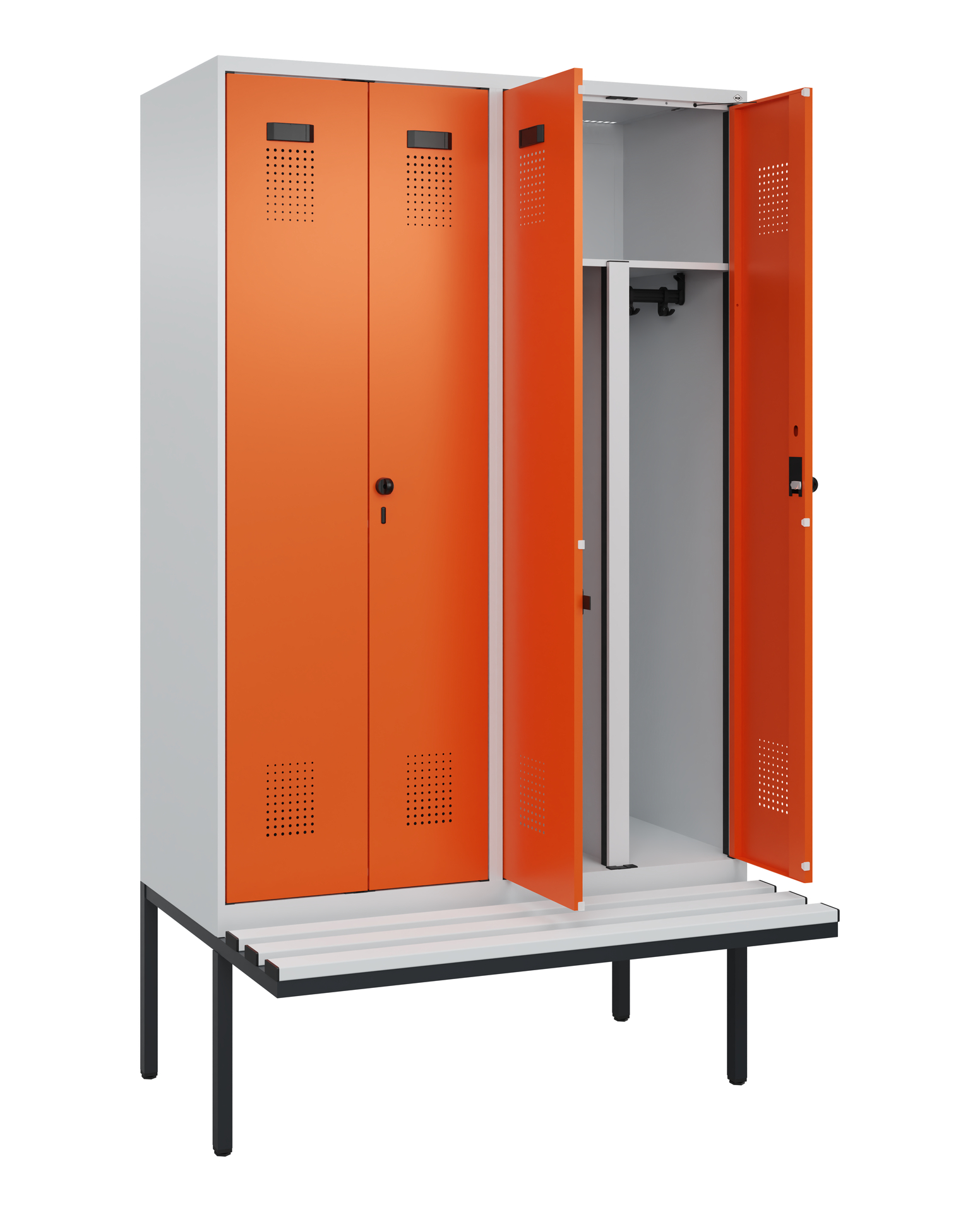 C+P PSA Schwarz-Weiß-Spind Evolo PLUS, Bank, 4 Abteile, 2120x1200x815mm