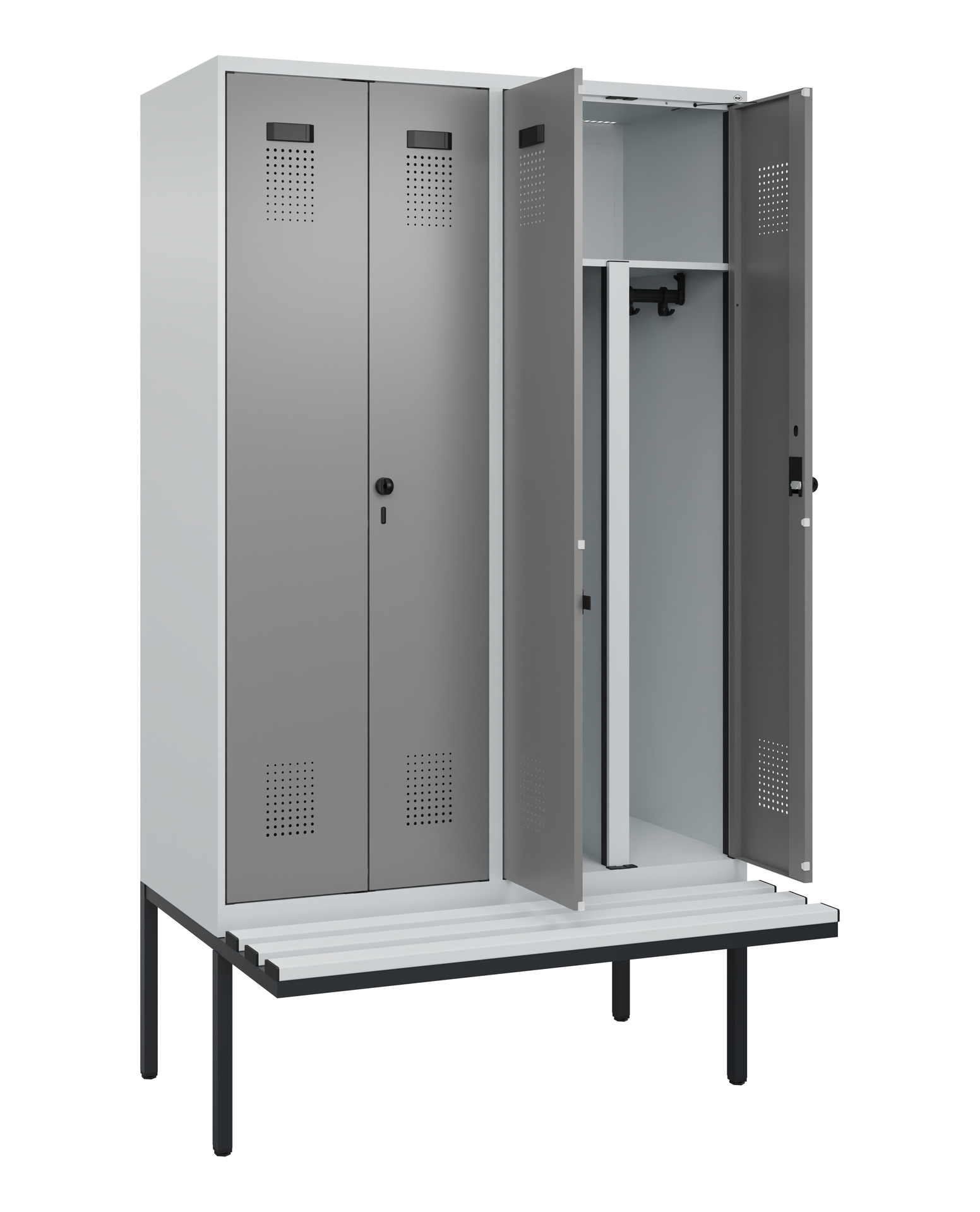 C+P PSA Schwarz-Weiß-Spind Evolo PLUS, Bank, 4 Abteile, 2120x1200x815mm