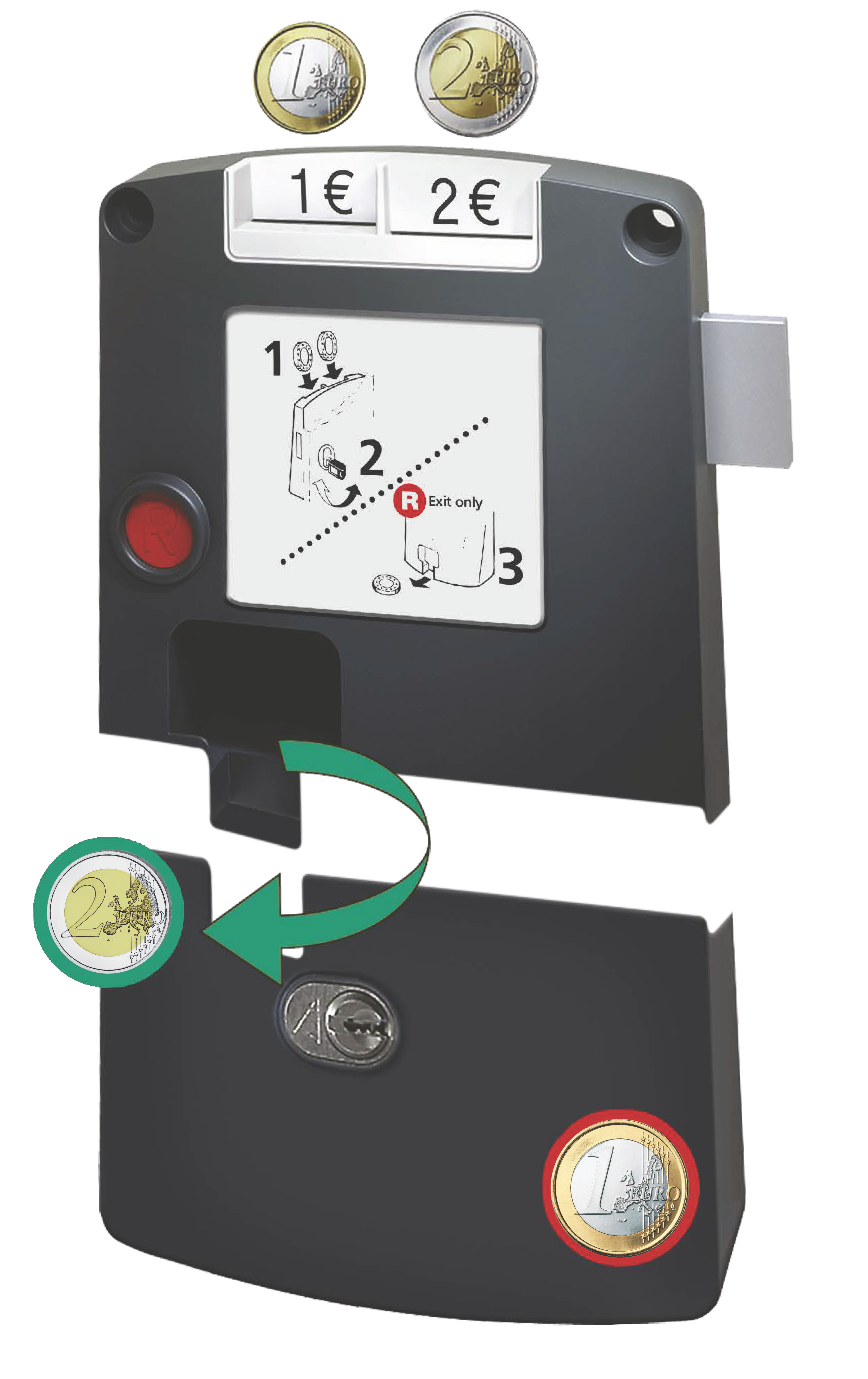 Zamek moneta kaucyjna i zamek kasujący SAFE-O-MAT® twin-coin multi use