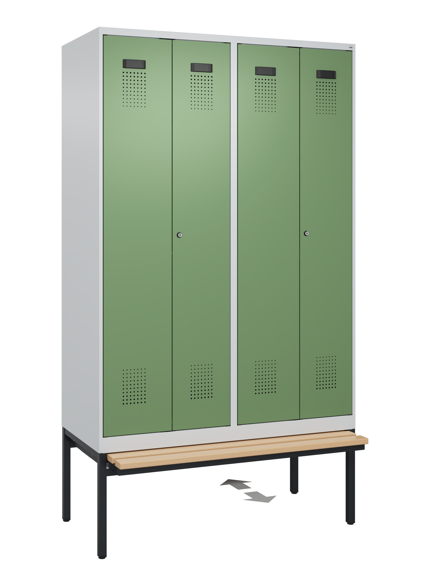 C+P PSA Schwarz-Weiß-Spind Evolo PLUS, Bank, 4 Abteile, 2120x1200x815mm