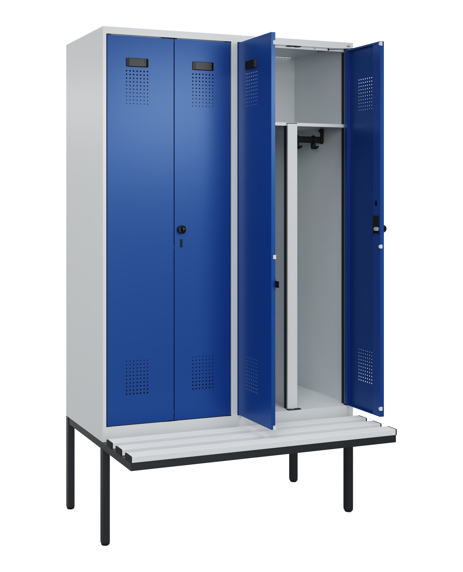 C+P PSA Schwarz-Weiß-Spind Evolo PLUS, Bank, 4 Abteile, 2120x1200x815mm