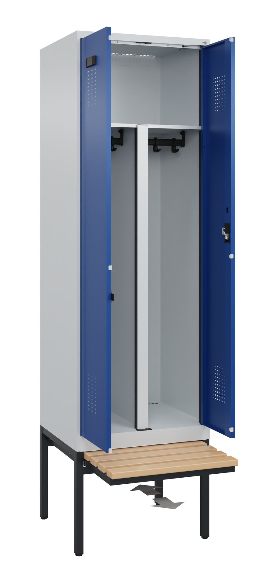 C+P PSA Schwarz-Weiß-Spind Evolo PLUS, Bank, 2 Abteile, 2120x600x815mm