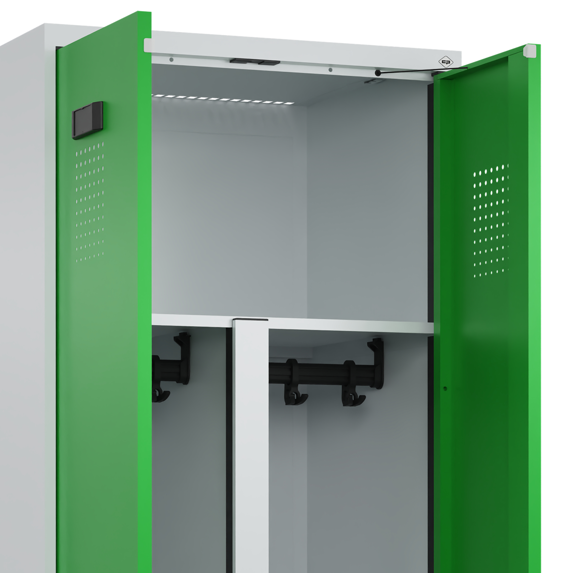 C+P PSA Schwarz-Weiß-Spind Evolo PLUS, Bank, 2 Abteile, 2120x800x815mm