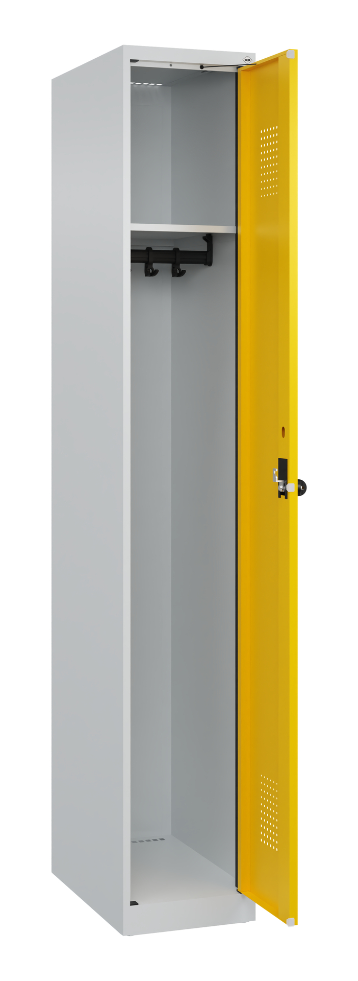Stahlschrank mit offener gelber Tür im leeren Raum.