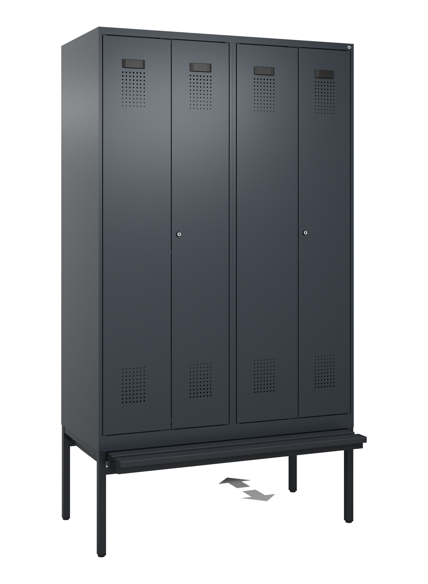 C+P PSA Schwarz-Weiß-Spind Evolo PLUS, Bank, 4 Abteile, 2120x1200x815mm