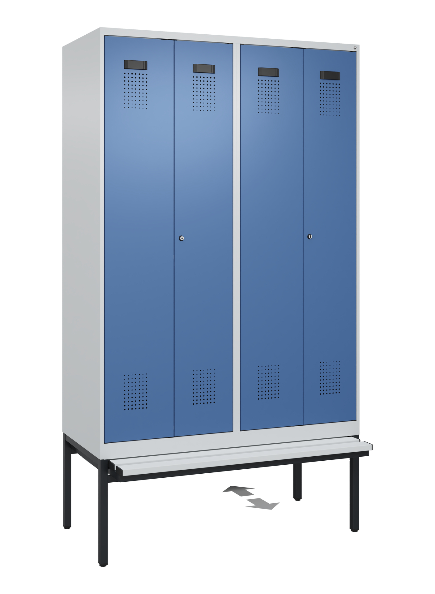 C+P PSA Schwarz-Weiß-Spind Evolo PLUS, Bank, 4 Abteile, 2120x1200x815mm