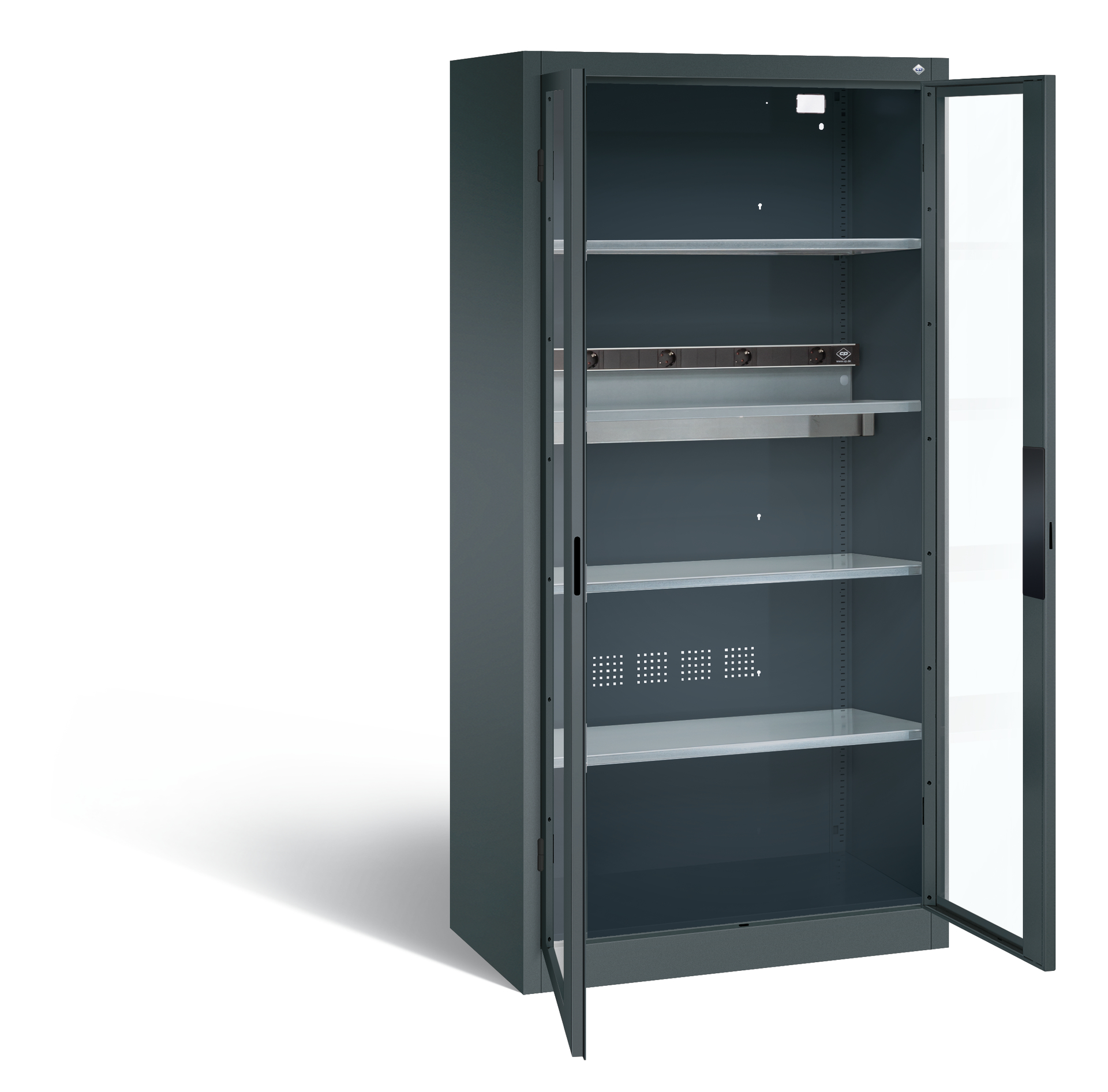 Metallschrank mit Glastür geöffnet in Büro.
