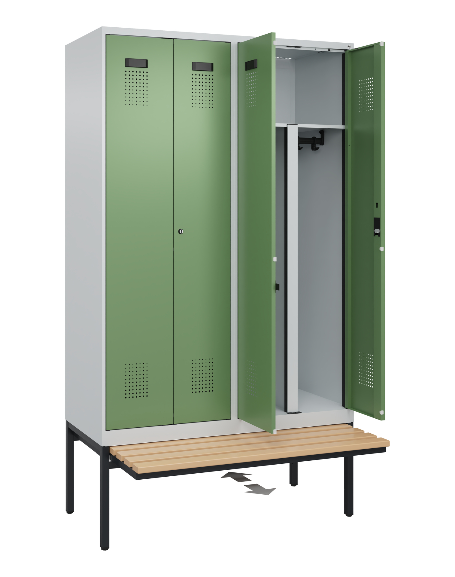 C+P PSA Schwarz-Weiß-Spind Evolo PLUS, Bank, 4 Abteile, 2120x1200x815mm